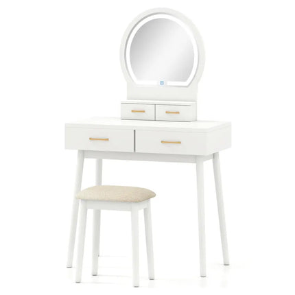 Small Vanity Makeup Dressing Table Set with Cushioned Stool and LED Lighted Mirror-White - White - Makeup Vanities