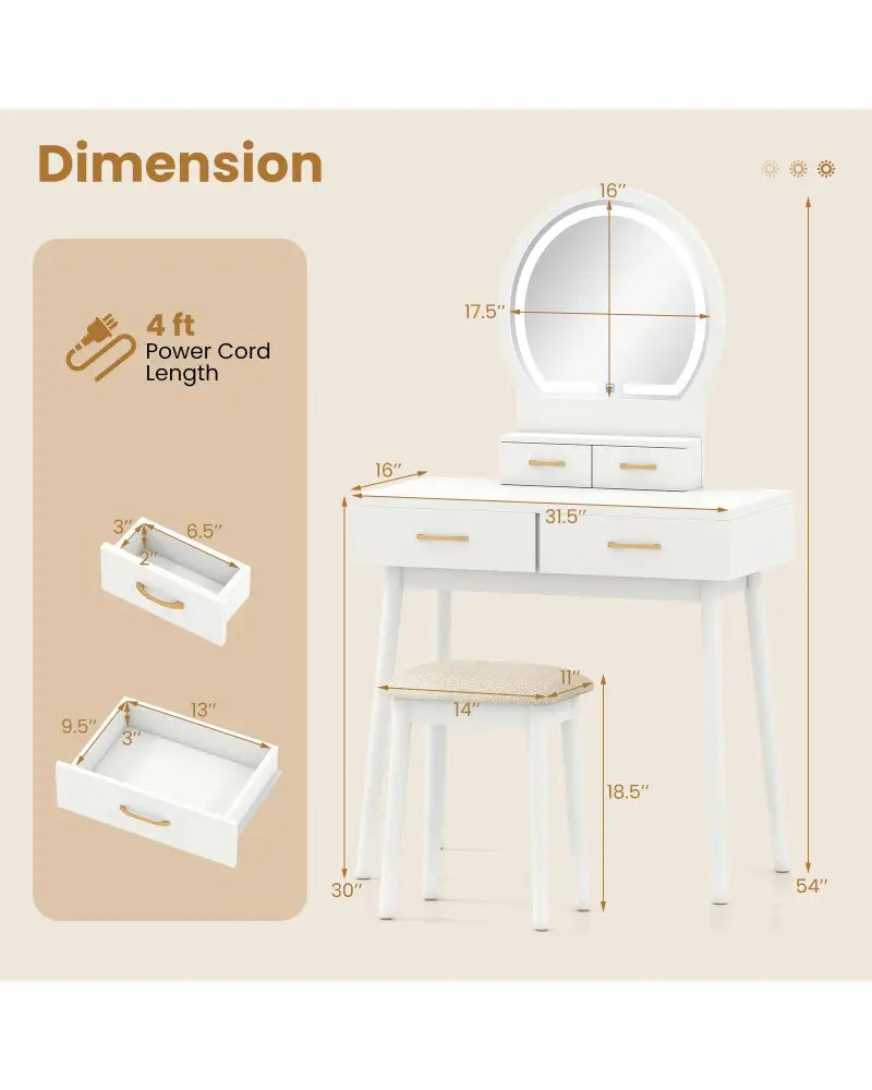 Small Vanity Makeup Dressing Table Set with Cushioned Stool and LED Lighted Mirror-White - White - Makeup Vanities
