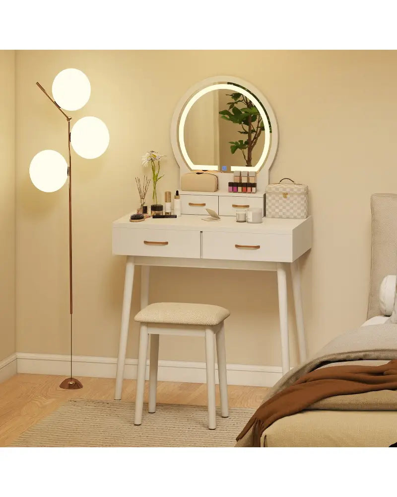 Small Vanity Makeup Dressing Table Set with Cushioned Stool and LED Lighted Mirror-White - White - Makeup Vanities