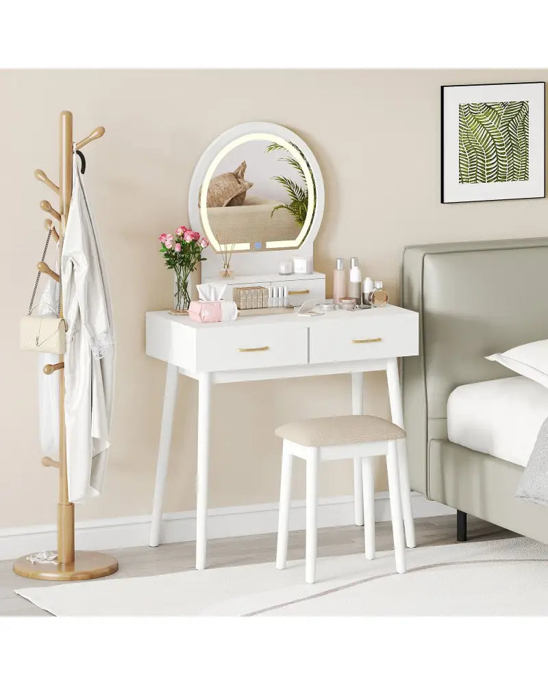 Small Vanity Makeup Dressing Table Set with Cushioned Stool and LED Lighted Mirror-White - White - Makeup Vanities