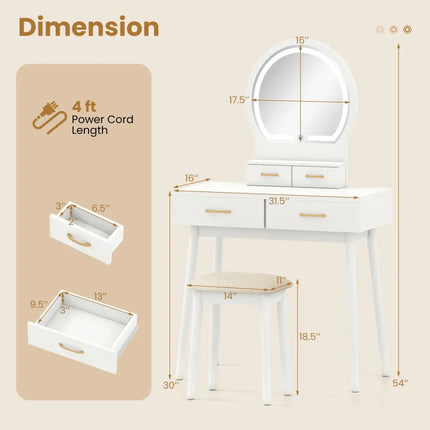 Small Vanity Makeup Dressing Table Set with Cushioned Stool and LED Lighted Mirror-White - White - Makeup Vanities
