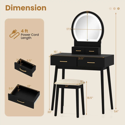 Small Vanity Makeup Dressing Table Set with Cushioned Stool and LED Lighted Mirror-Black - Black - Makeup Vanities