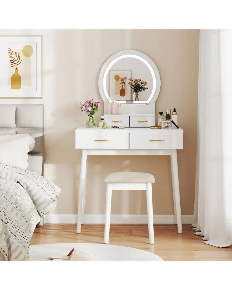 Small Vanity Makeup Dressing Table Set with Cushioned Stool and LED Lighted Mirror-White - White - Makeup Vanities