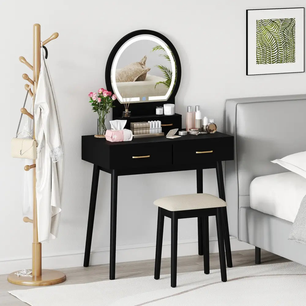 Small Vanity Makeup Dressing Table Set with Cushioned Stool and LED Lighted Mirror-Black - Black - Makeup Vanities