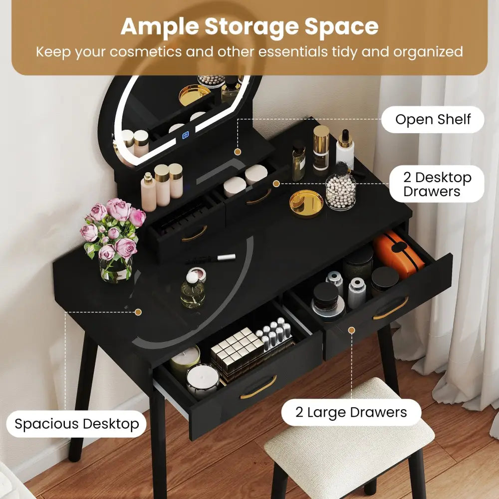 Small Vanity Makeup Dressing Table Set with Cushioned Stool and LED Lighted Mirror-Black - Black - Makeup Vanities