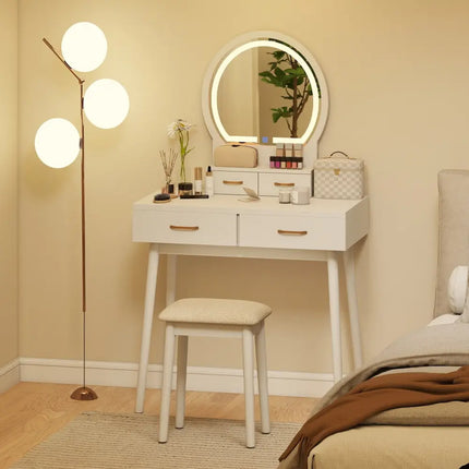 Small Vanity Makeup Dressing Table Set with Cushioned Stool and LED Lighted Mirror-White - White - Makeup Vanities