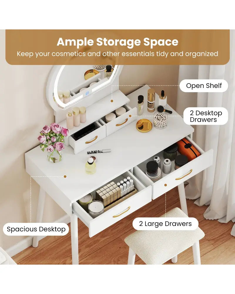 Small Vanity Makeup Dressing Table Set with Cushioned Stool and LED Lighted Mirror-White - White - Makeup Vanities