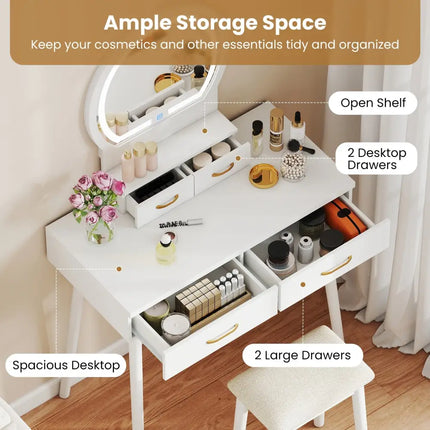 Small Vanity Makeup Dressing Table Set with Cushioned Stool and LED Lighted Mirror-White - White - Makeup Vanities