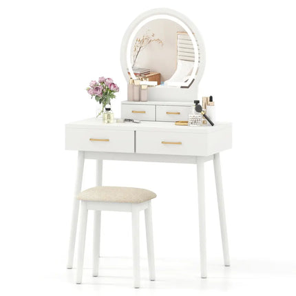 Small Vanity Makeup Dressing Table Set with Cushioned Stool and LED Lighted Mirror-White - White - Makeup Vanities