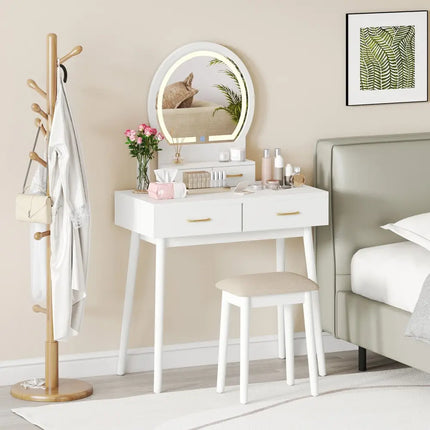 Small Vanity Makeup Dressing Table Set with Cushioned Stool and LED Lighted Mirror-White - White - Makeup Vanities