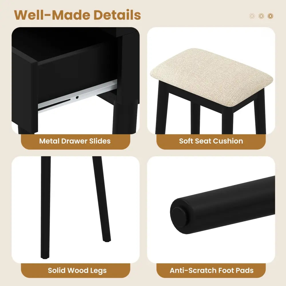 Small Vanity Makeup Dressing Table Set with Cushioned Stool and LED Lighted Mirror-Black - Black - Makeup Vanities