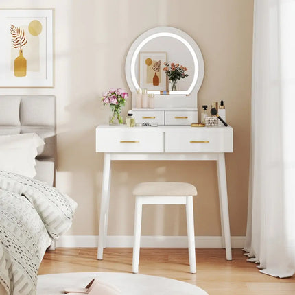 Small Vanity Makeup Dressing Table Set with Cushioned Stool and LED Lighted Mirror-White - White - Makeup Vanities