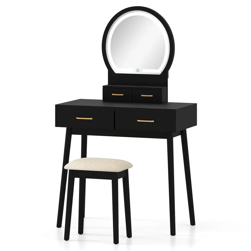 Small Vanity Makeup Dressing Table Set with Cushioned Stool and LED Lighted Mirror-Black - Black - Makeup Vanities