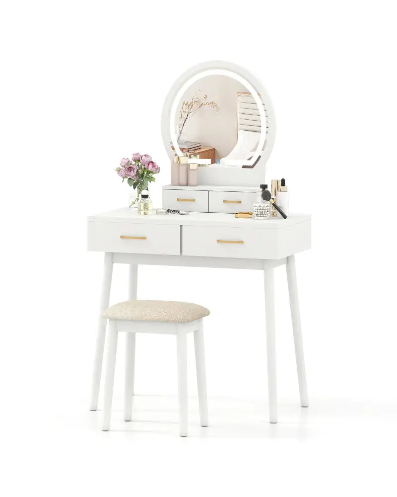 Small Vanity Makeup Dressing Table Set with Cushioned Stool and LED Lighted Mirror-White - White - Makeup Vanities