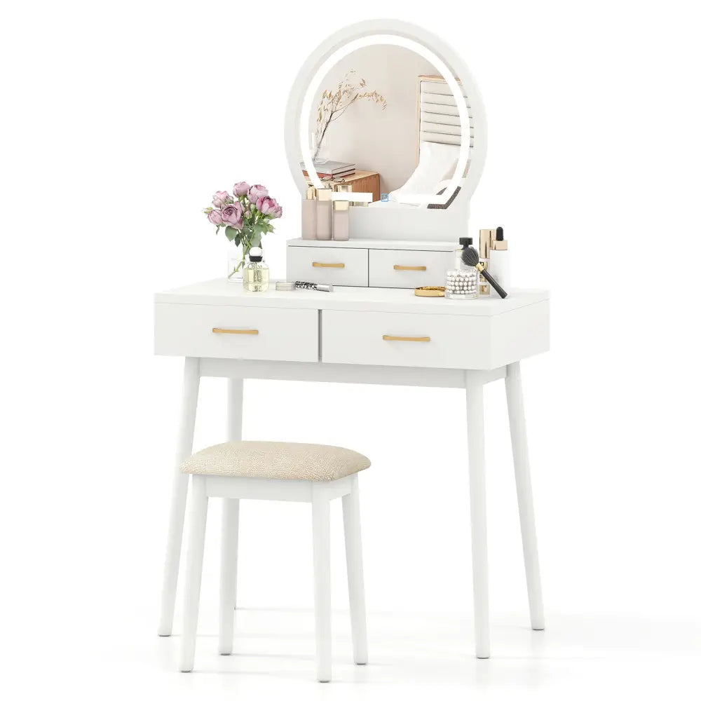 Small Vanity Makeup Dressing Table Set with Cushioned Stool and LED Lighted Mirror-White - White - Makeup Vanities