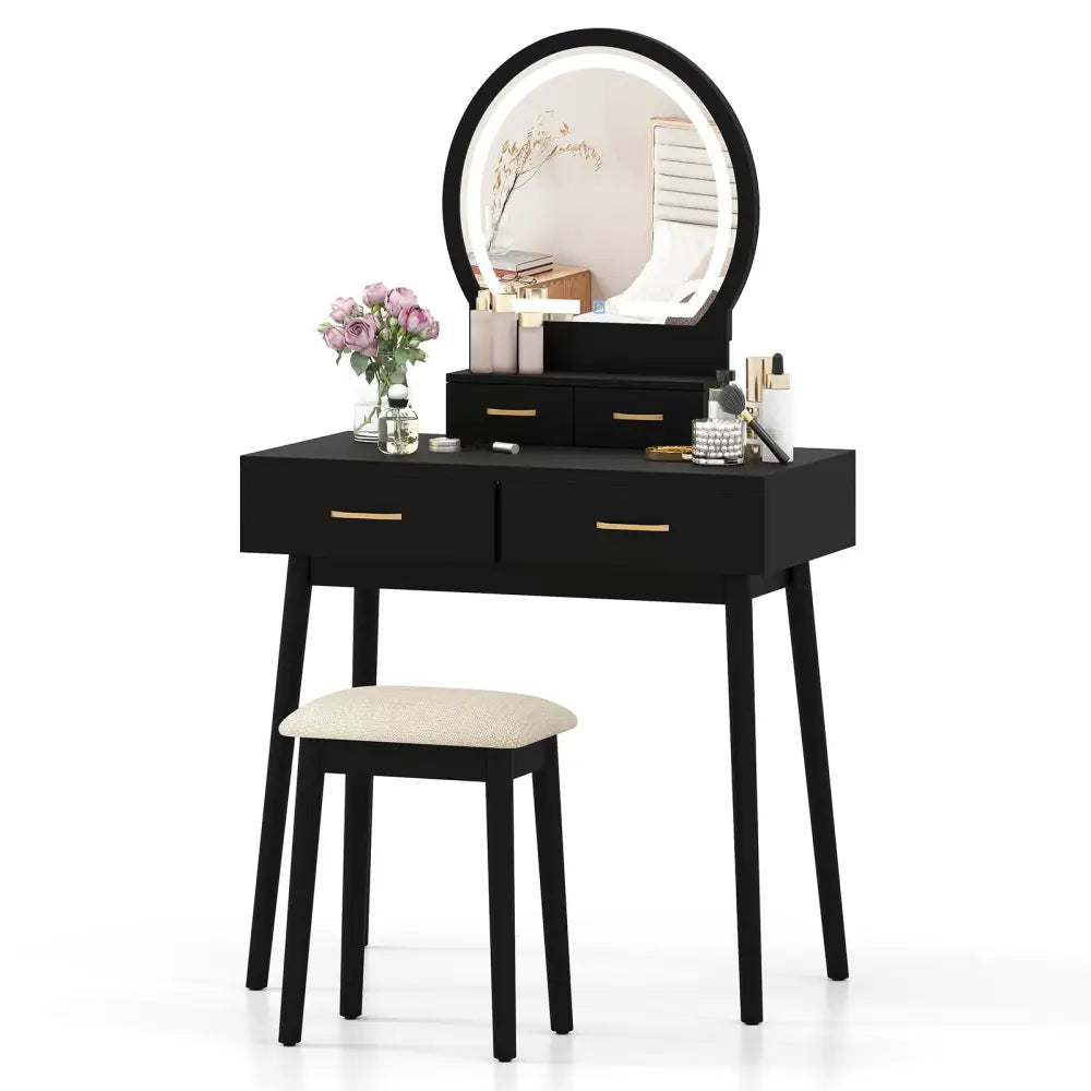 Small Vanity Makeup Dressing Table Set with Cushioned Stool and LED Lighted Mirror-Black - Black - Makeup Vanities