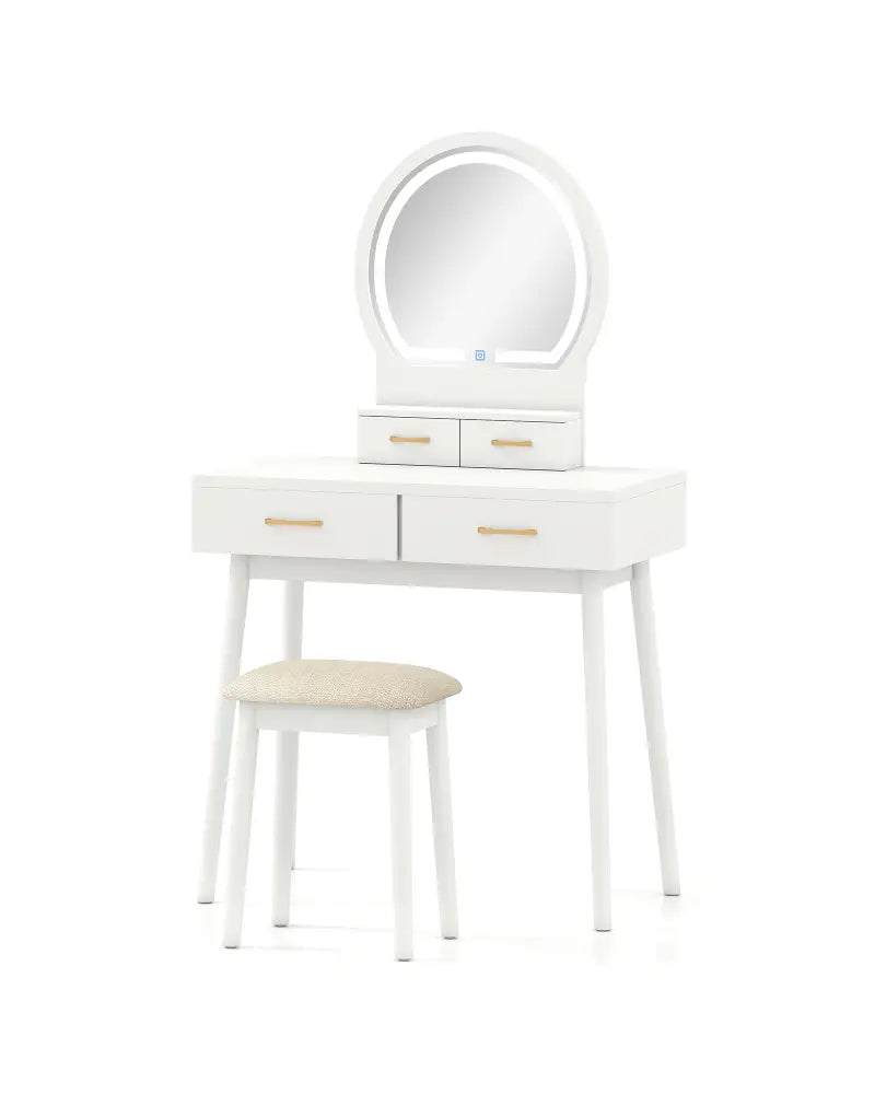 Small Vanity Makeup Dressing Table Set with Cushioned Stool and LED Lighted Mirror-White - White - Makeup Vanities