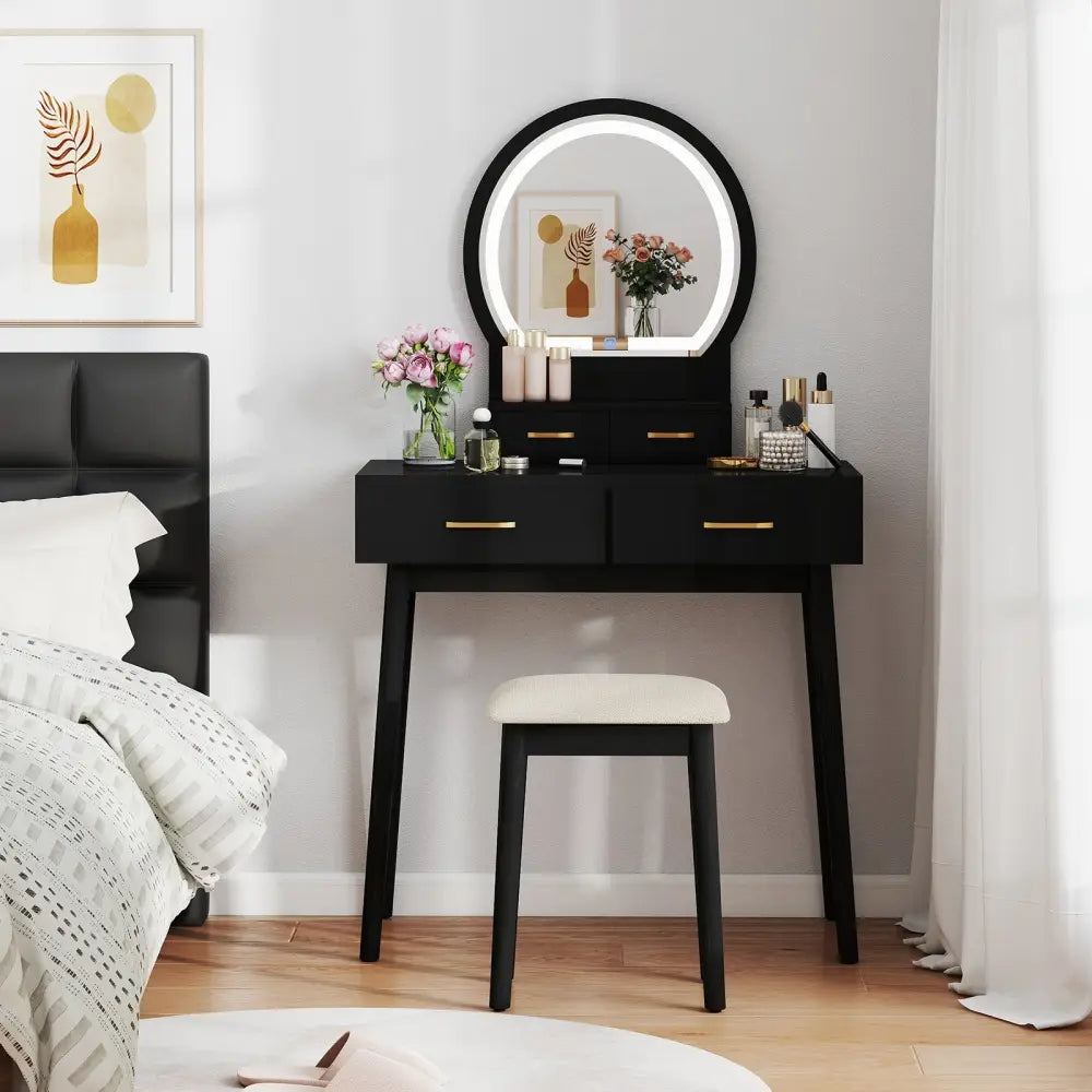 Small Vanity Makeup Dressing Table Set with Cushioned Stool and LED Lighted Mirror-Black - Black - Makeup Vanities