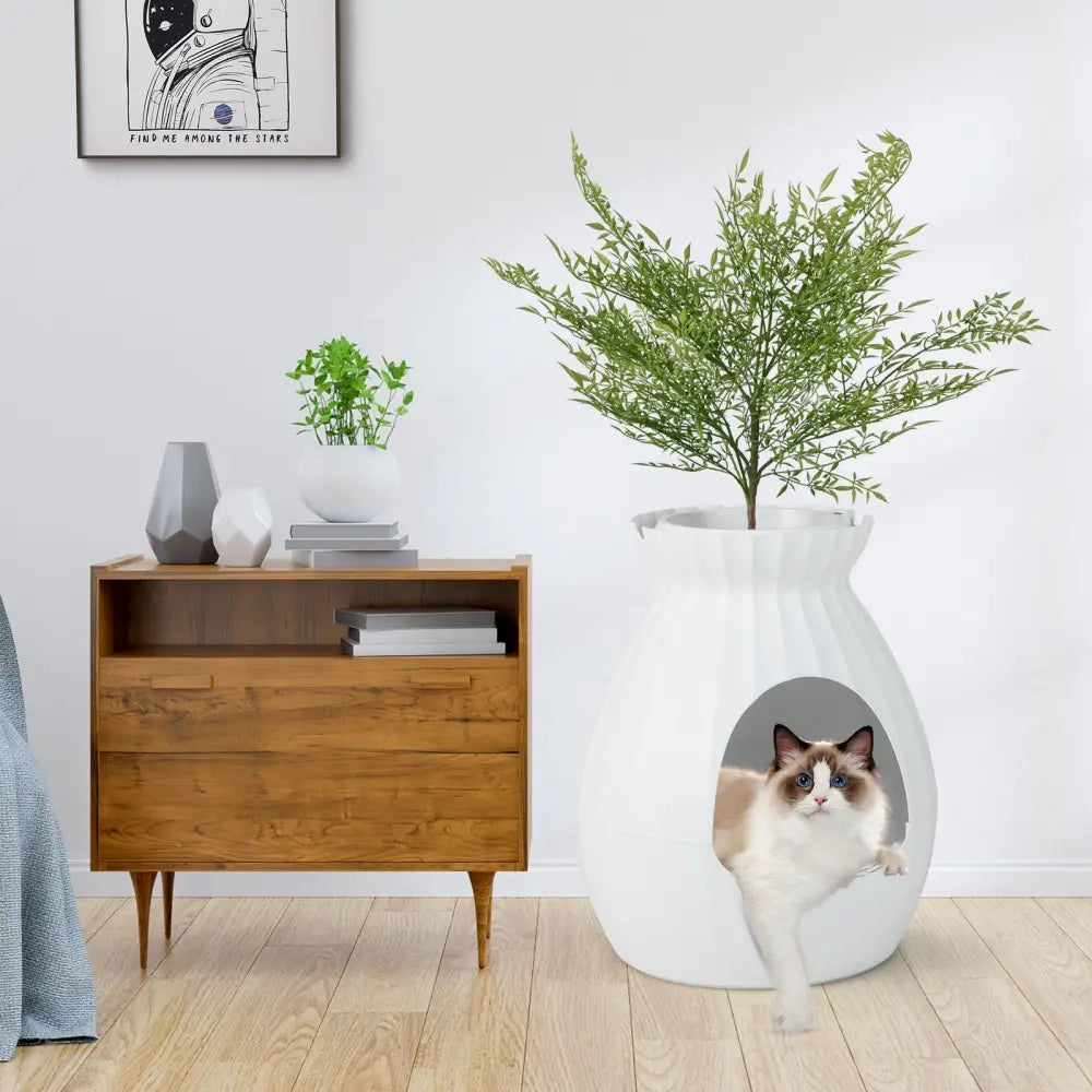 Smart Plant Cat Litter Box with Electronic Odor Removal and Sterilization-White - White - Cat Supplies