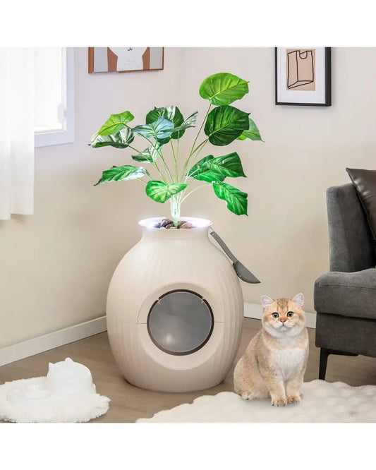 Smart Plant Cat Litter Box with Electronic Odor Removal & Sterilization-Beige - Beige - Cat Houses