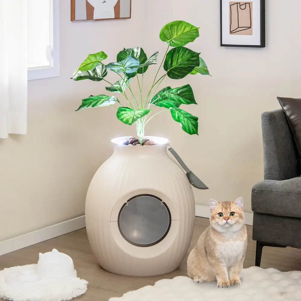 Smart Plant Cat Litter Box with Electronic Odor Removal & Sterilization-Beige - Beige - Cat Houses