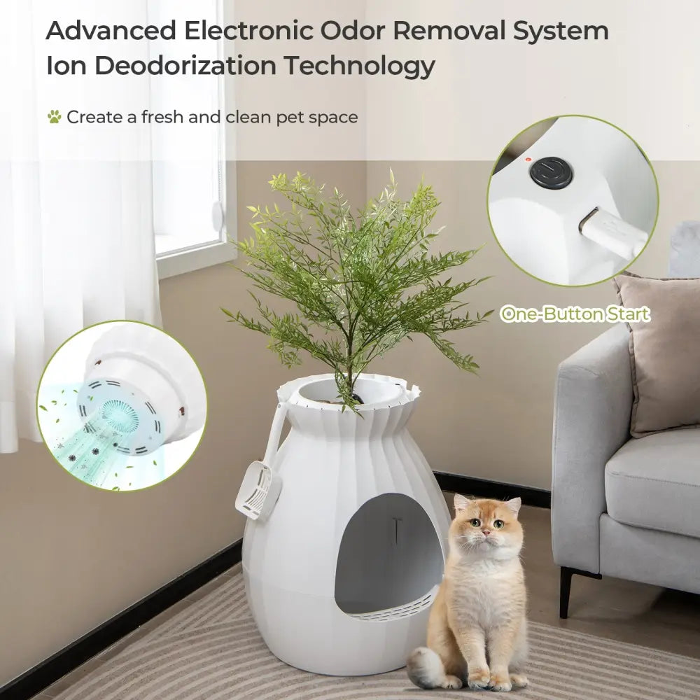 Smart Plant Cat Litter Box with Electronic Odor Removal and Sterilization-White - White - Cat Supplies