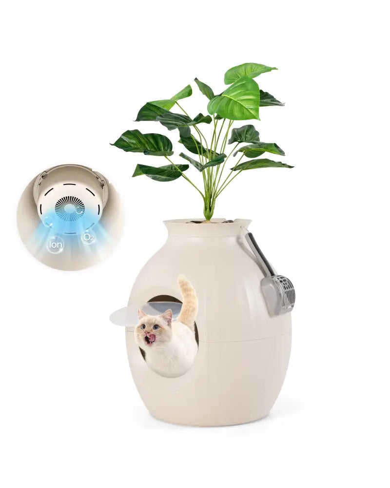 Smart Plant Cat Litter Box with Electronic Odor Removal & Sterilization-Beige - Beige - Cat Houses