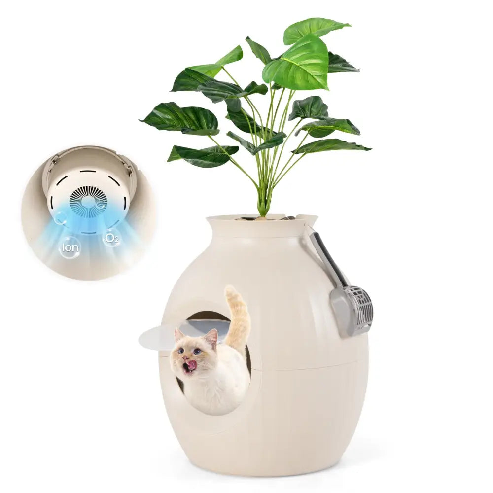 Smart Plant Cat Litter Box with Electronic Odor Removal & Sterilization-Beige - Beige - Cat Houses