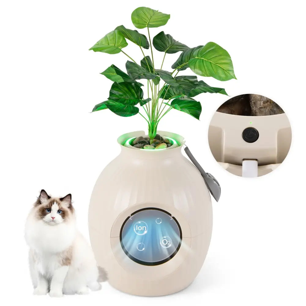 Smart Plant Cat Litter Box with Electronic Odor Removal & Sterilization-Beige - Beige - Cat Houses