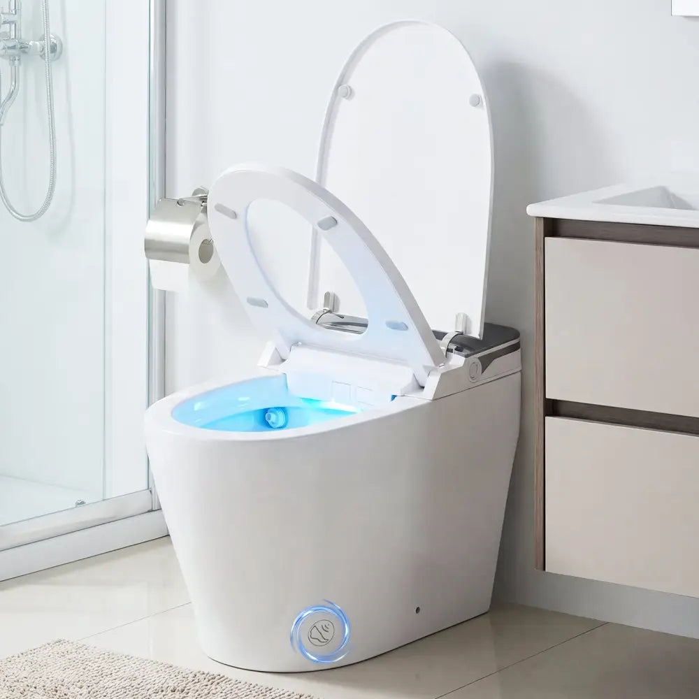 Smart Toilet with Built-in Bidet ADA Height with Auto Flush and Heated Seat and Remote-White - White - Toilet