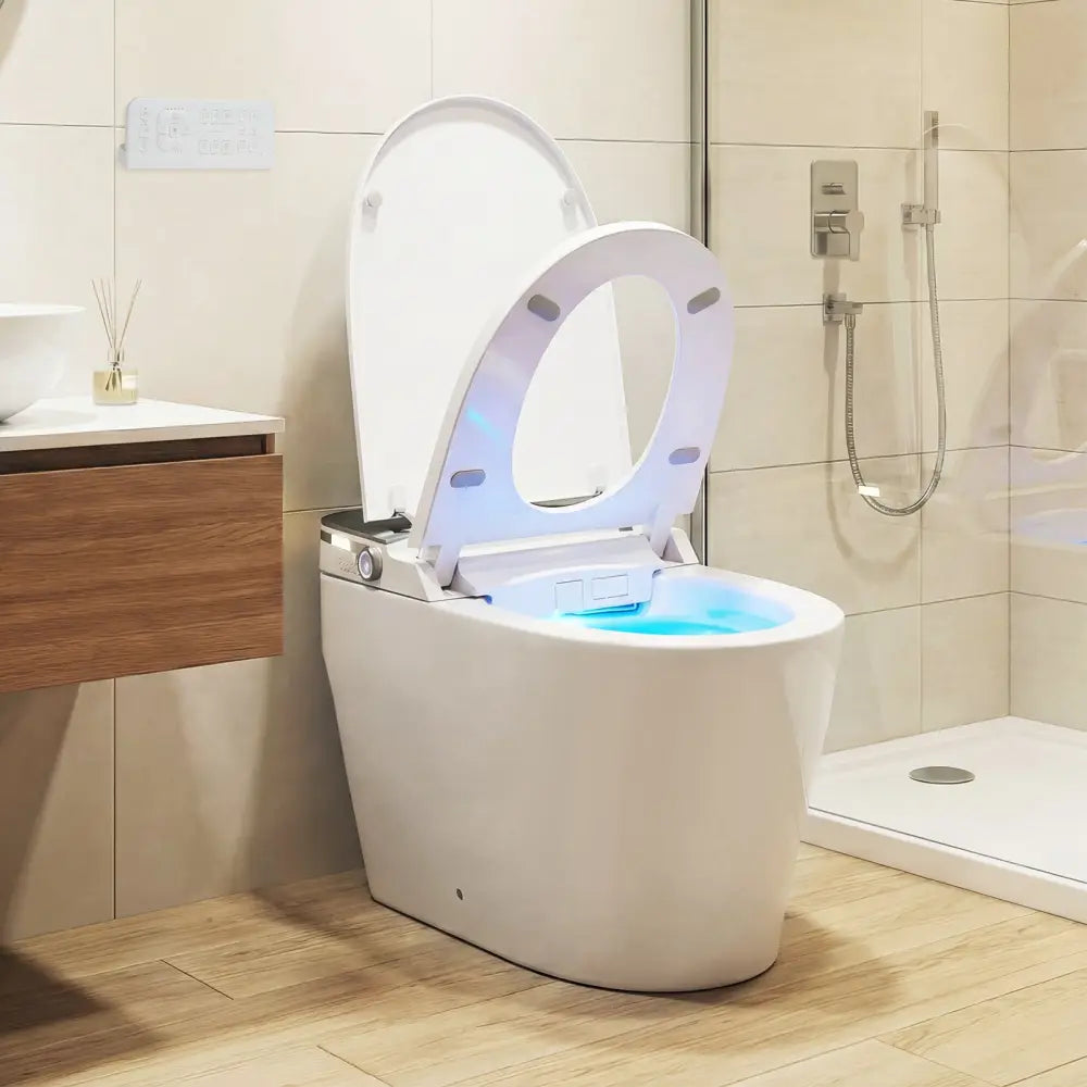Smart Toilet with Built-in Bidet ADA Height with Auto Flush and Heated Seat and Remote-White - White - Toilet