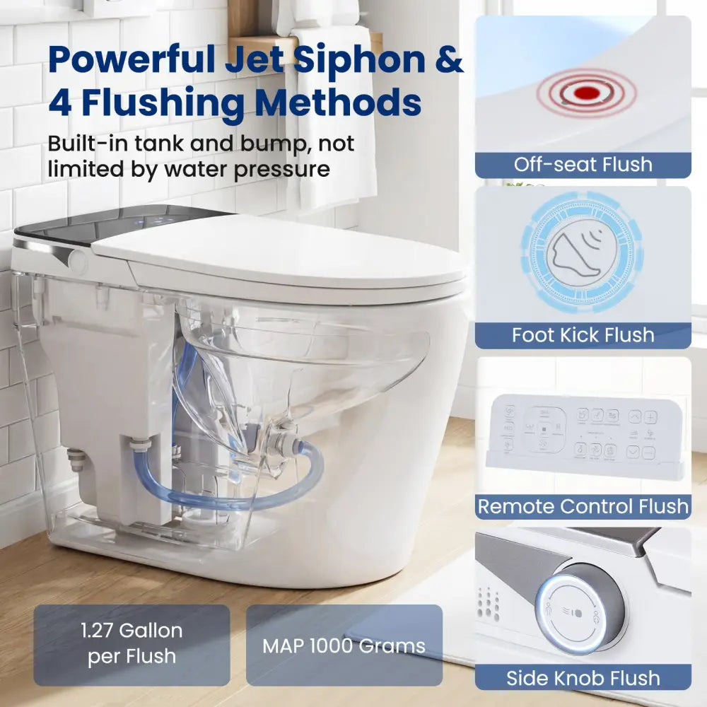 Smart Toilet with Built-in Bidet ADA Height with Auto Flush and Heated Seat and Remote-White - White - Toilet