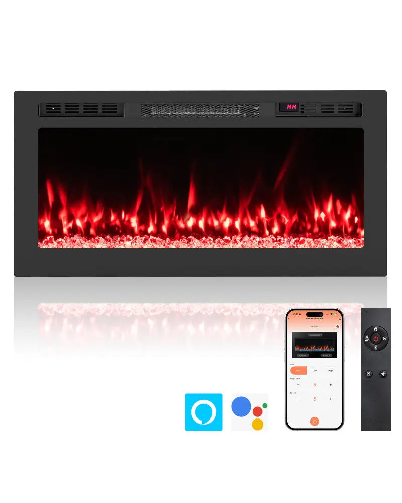 Smart WiFi Electric Fireplace Wall Mounted & Recessed 750W/1500W Heater-36 Inch - Black - Fireplaces