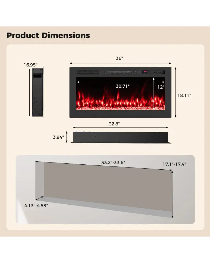 Smart WiFi Electric Fireplace Wall Mounted & Recessed 750W/1500W Heater-36 Inch - Black - Fireplaces