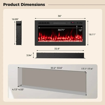 Smart WiFi Electric Fireplace Wall Mounted & Recessed 750W/1500W Heater-36 Inch Costway