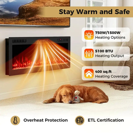 Smart WiFi Electric Fireplace Wall Mounted & Recessed 750W/1500W Heater-50 Inch Costway