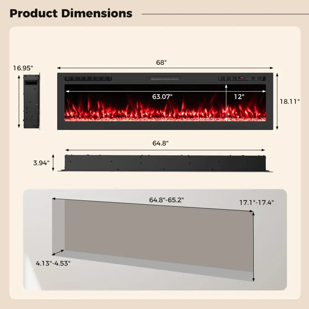 Smart WiFi Electric Fireplace Wall Mounted & Recessed 750W/1500W Heater-68 Inch - Black - Fireplaces