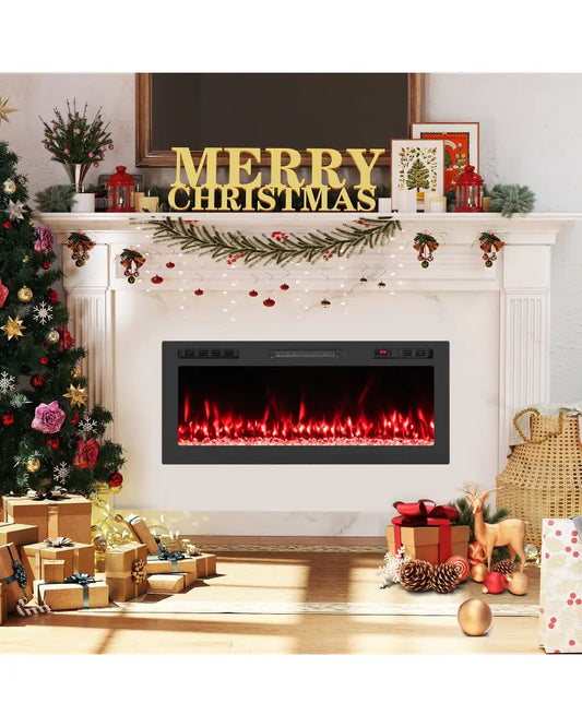Smart WiFi Electric Fireplace Wall Mounted & Recessed 750W/1500W Heater-42 Inch - Black - Fireplaces