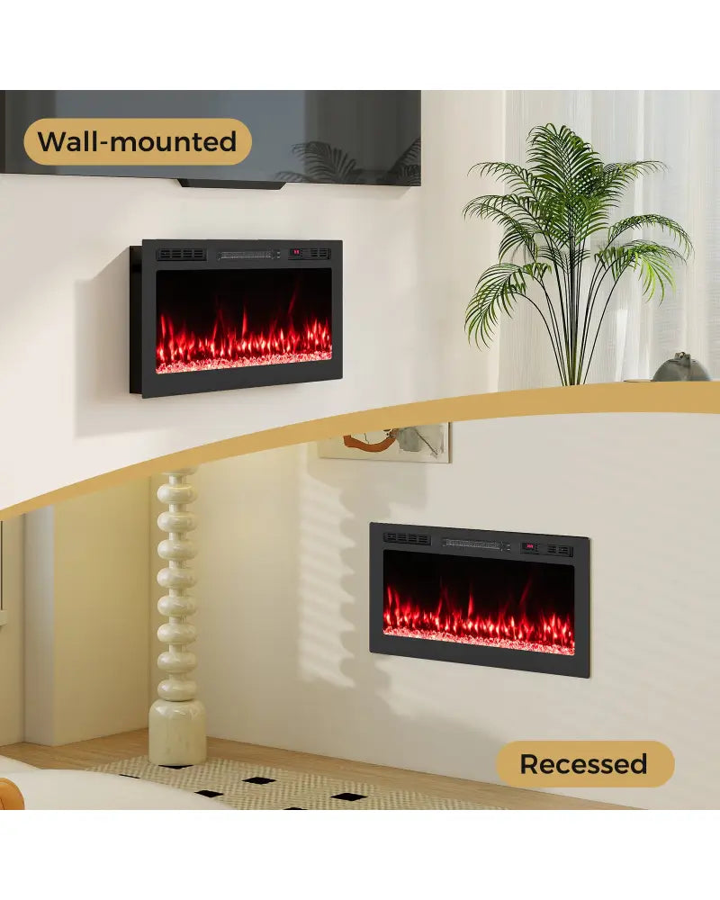 Smart WiFi Electric Fireplace Wall Mounted & Recessed 750W/1500W Heater-36 Inch - Black - Fireplaces