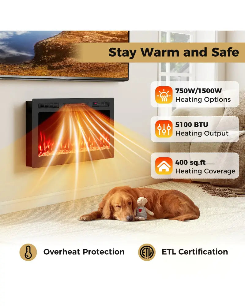 Smart WiFi Electric Fireplace Wall Mounted & Recessed 750W/1500W Heater-36 Inch - Black - Fireplaces