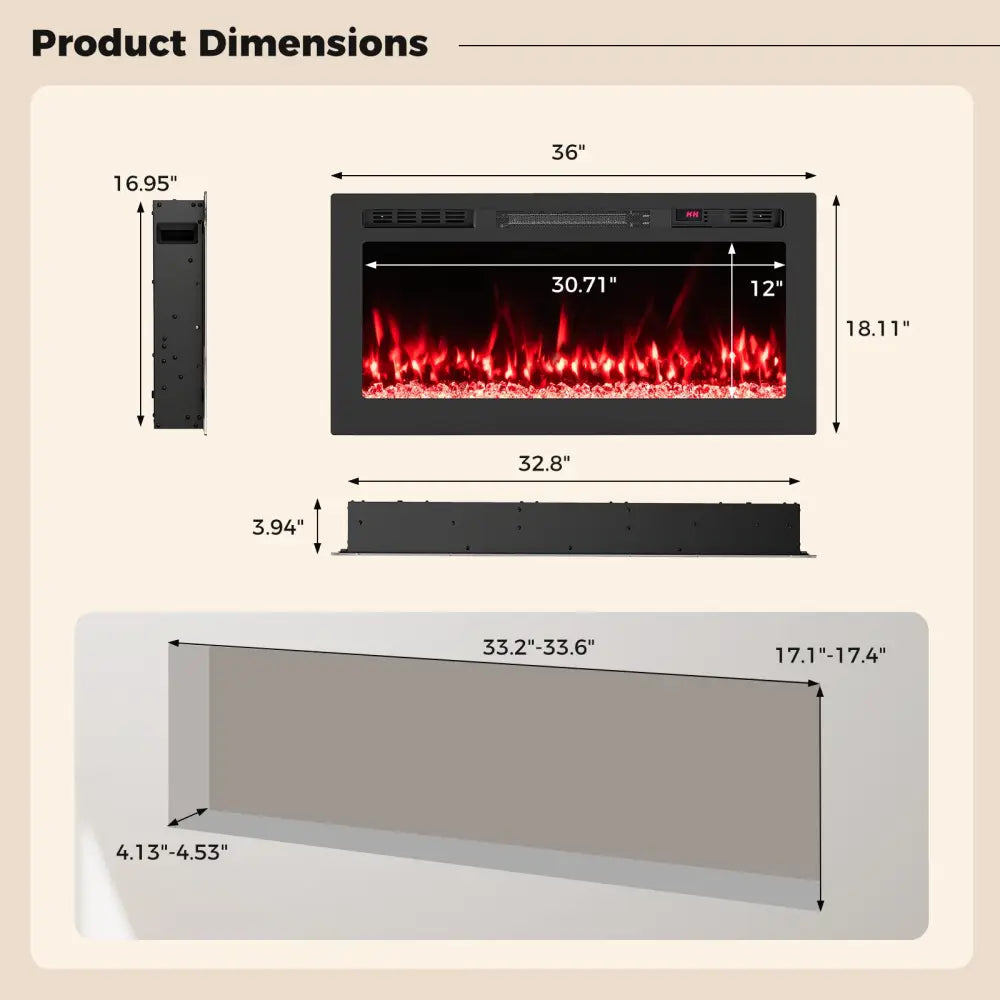 Smart WiFi Electric Fireplace Wall Mounted & Recessed 750W/1500W Heater-36 Inch - Black - Fireplaces