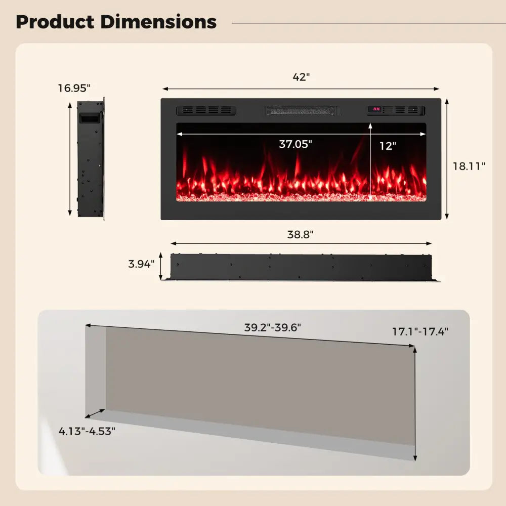 Smart WiFi Electric Fireplace Wall Mounted & Recessed 750W/1500W Heater-42 Inch - Black - Fireplaces