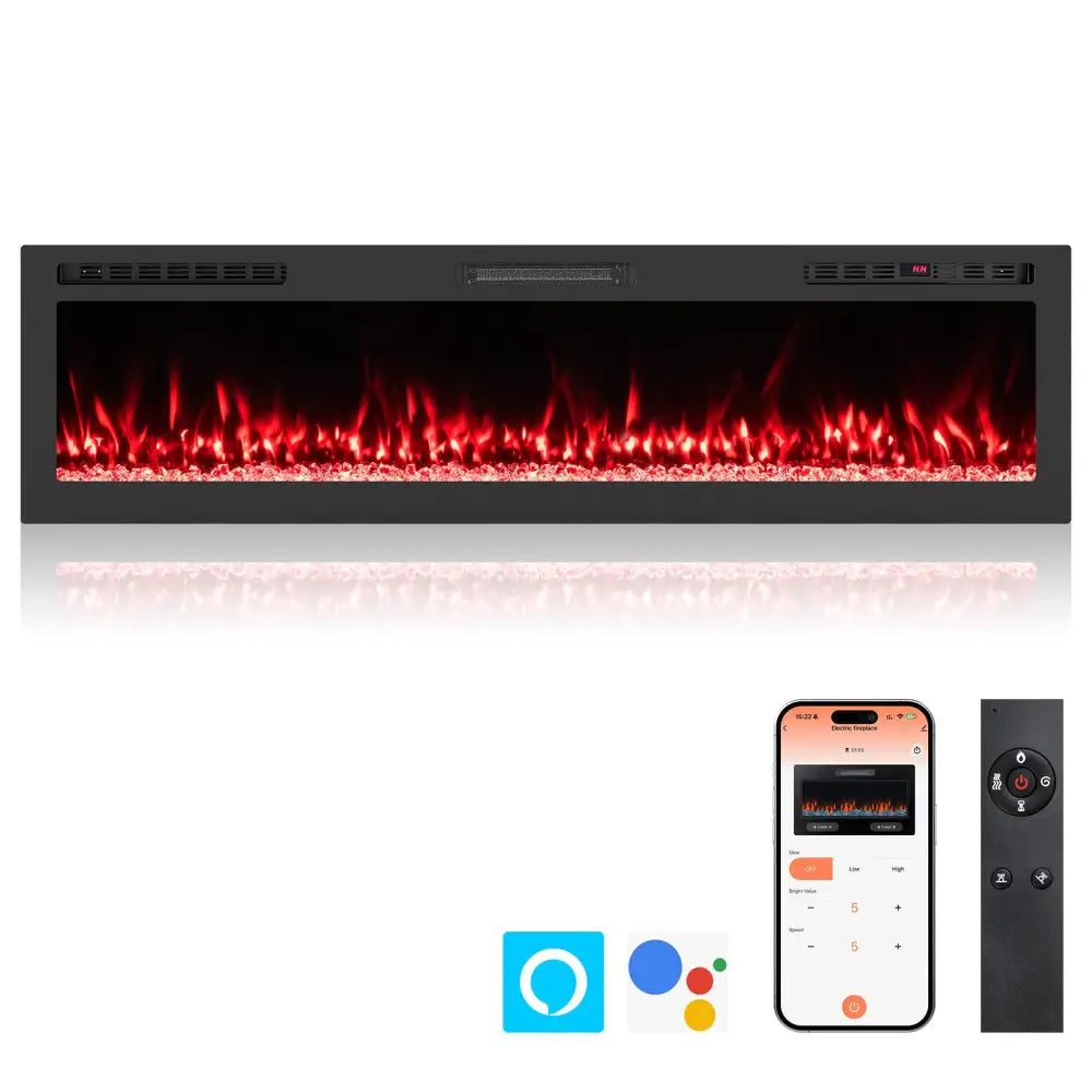 Smart WiFi Electric Fireplace Wall Mounted & Recessed 750W/1500W Heater-68 Inch - Black - Fireplaces