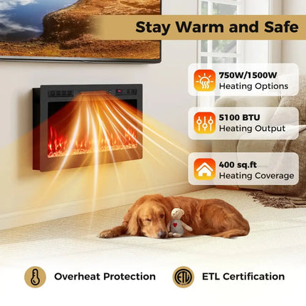 Smart WiFi Electric Fireplace Wall Mounted & Recessed 750W/1500W Heater-36 Inch Costway