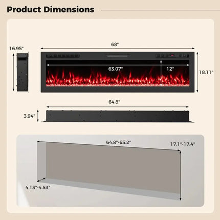 Smart WiFi Electric Fireplace Wall Mounted & Recessed 750W/1500W Heater-68 Inch Costway