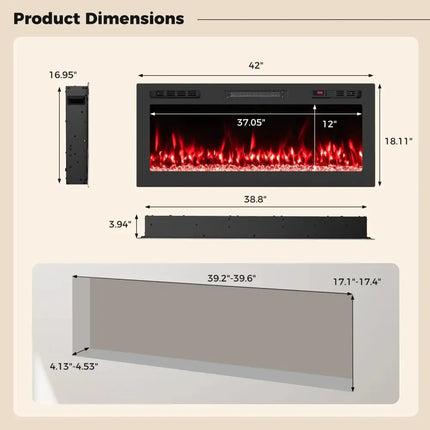 Smart WiFi Electric Fireplace Wall Mounted & Recessed 750W/1500W Heater-42 Inch Costway