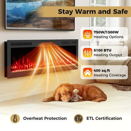 Smart WiFi Electric Fireplace Wall Mounted & Recessed 750W/1500W Heater-60 Inch Costway