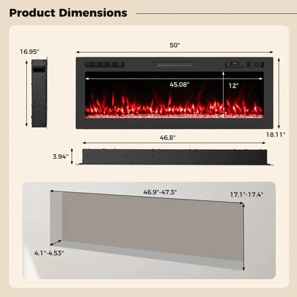 Smart WiFi Electric Fireplace Wall Mounted & Recessed 750W/1500W Heater-50 Inch Costway