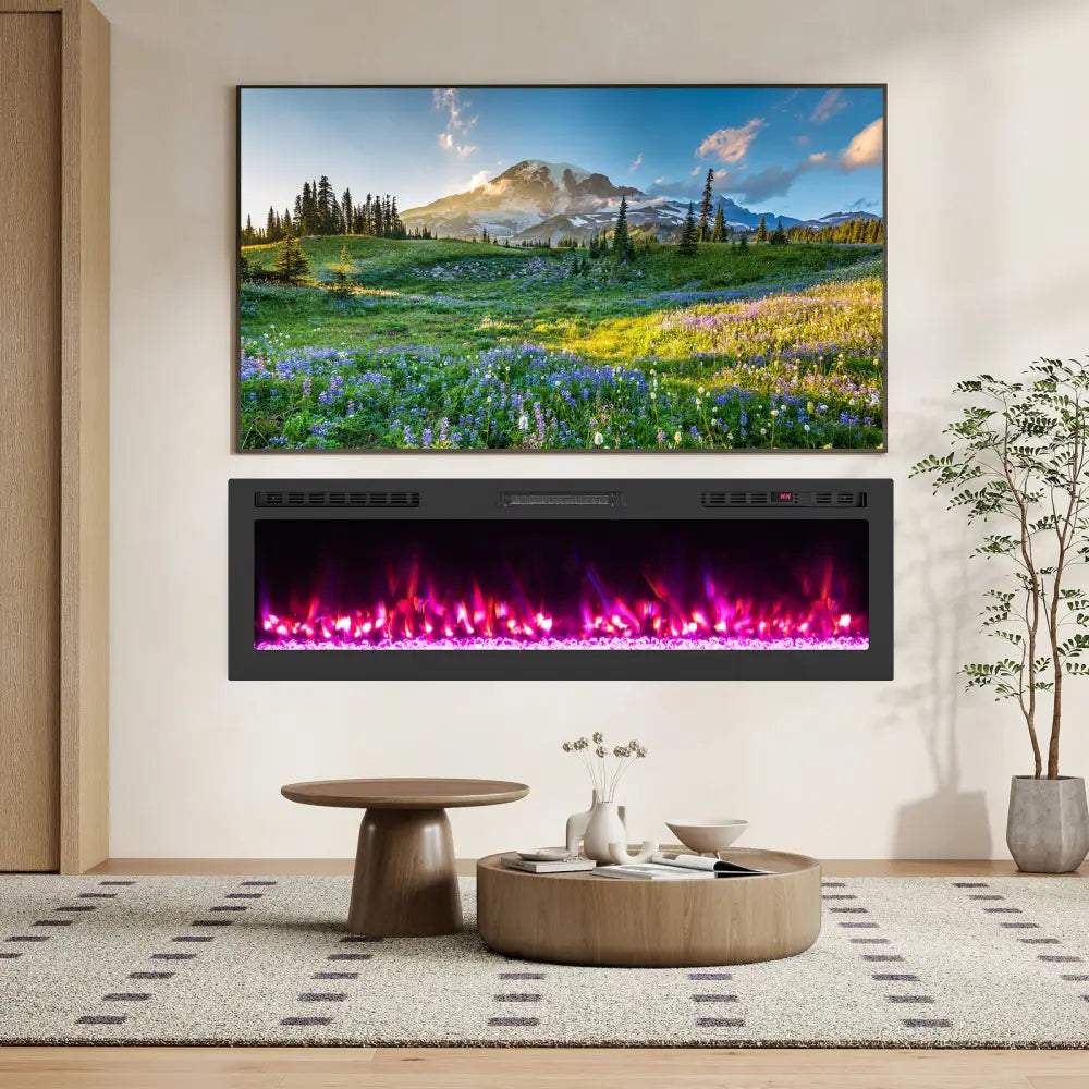 Smart WiFi Electric Fireplace Wall Mounted & Recessed 750W/1500W Heater-60 Inch - Black - Fireplaces