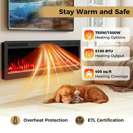 Smart WiFi Electric Fireplace Wall Mounted & Recessed 750W/1500W Heater-68 Inch Costway